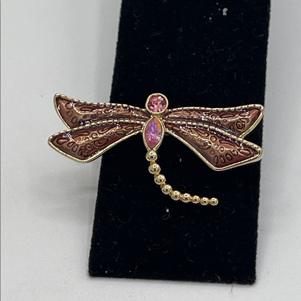 4.7.26-14 Gold-Tone Pink & Brown Dragonfly Brooch with Enamel Wings